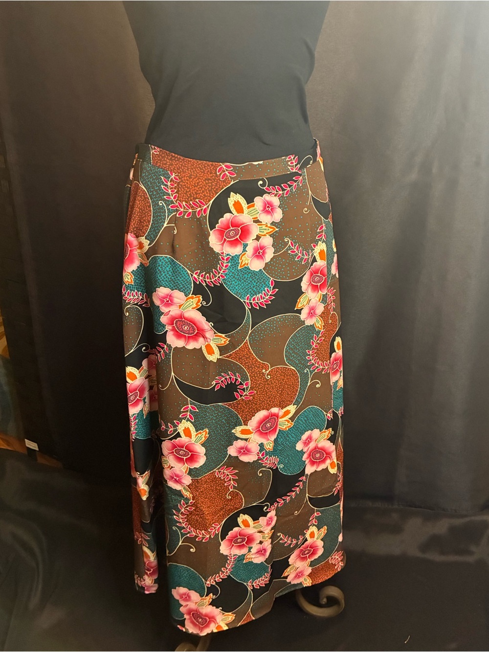 Sag Harbor Brown Maxi Skirt with Pink & Teal Floral Print